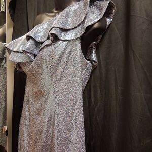 Ava Presley Elegant One Shoulder Silver Dress